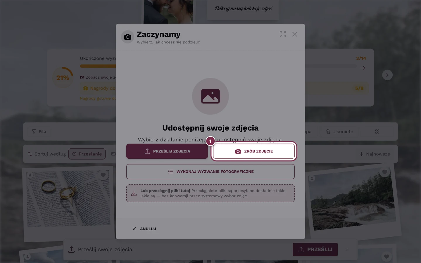 Okno przesyłania z wyróżnionym przyciskiem Zrób zdjęcie