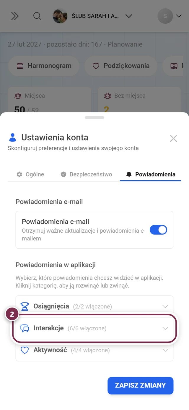 Zakładka Powiadomienia z trzema zwiniętymi kategoriami, nagłówek Interakcje zaznaczony na czerwono