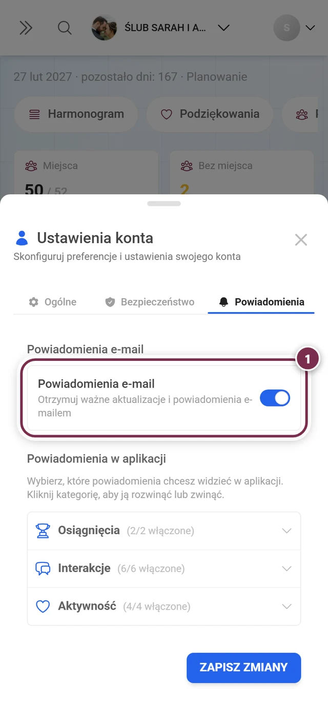 Zakładka Powiadomienia z zaznaczonym na czerwono polem Powiadomienia e-mail i przełącznikiem po prawej