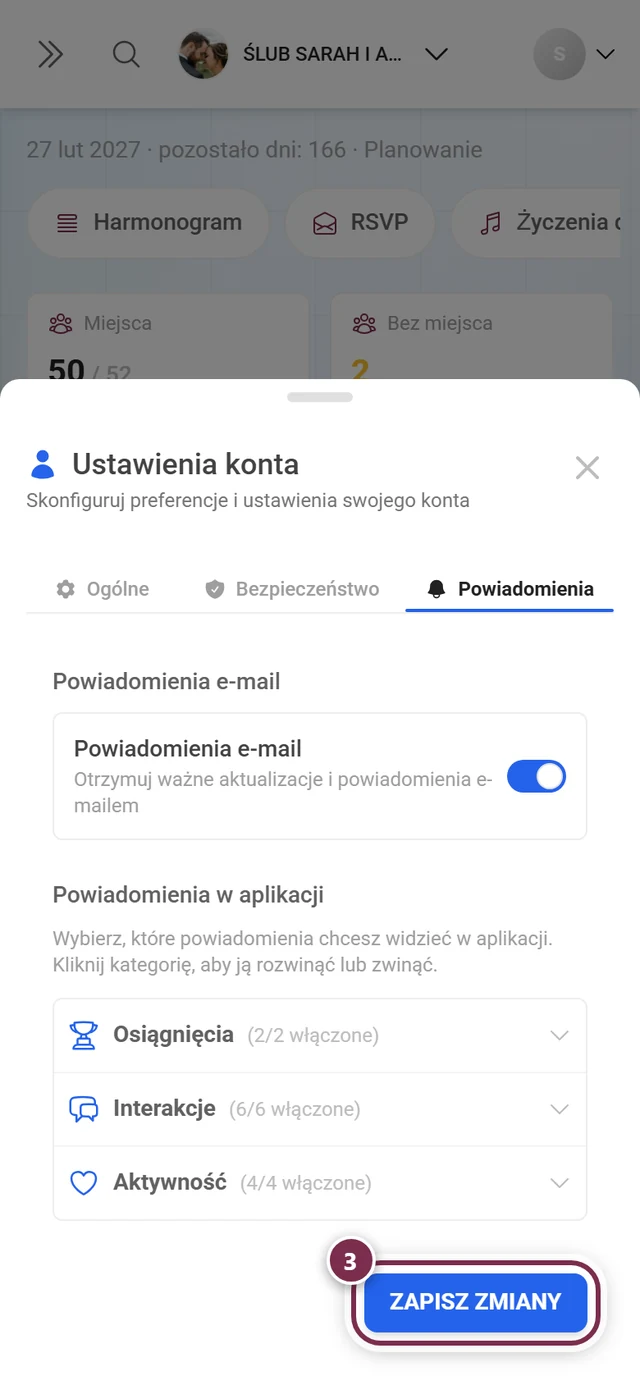Dolna część zakładki Powiadomienia z zaznaczonym na czerwono przyciskiem Zapisz zmiany