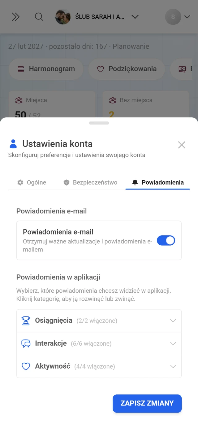 Okno Ustawienia konta z aktywną zakładką Powiadomienia