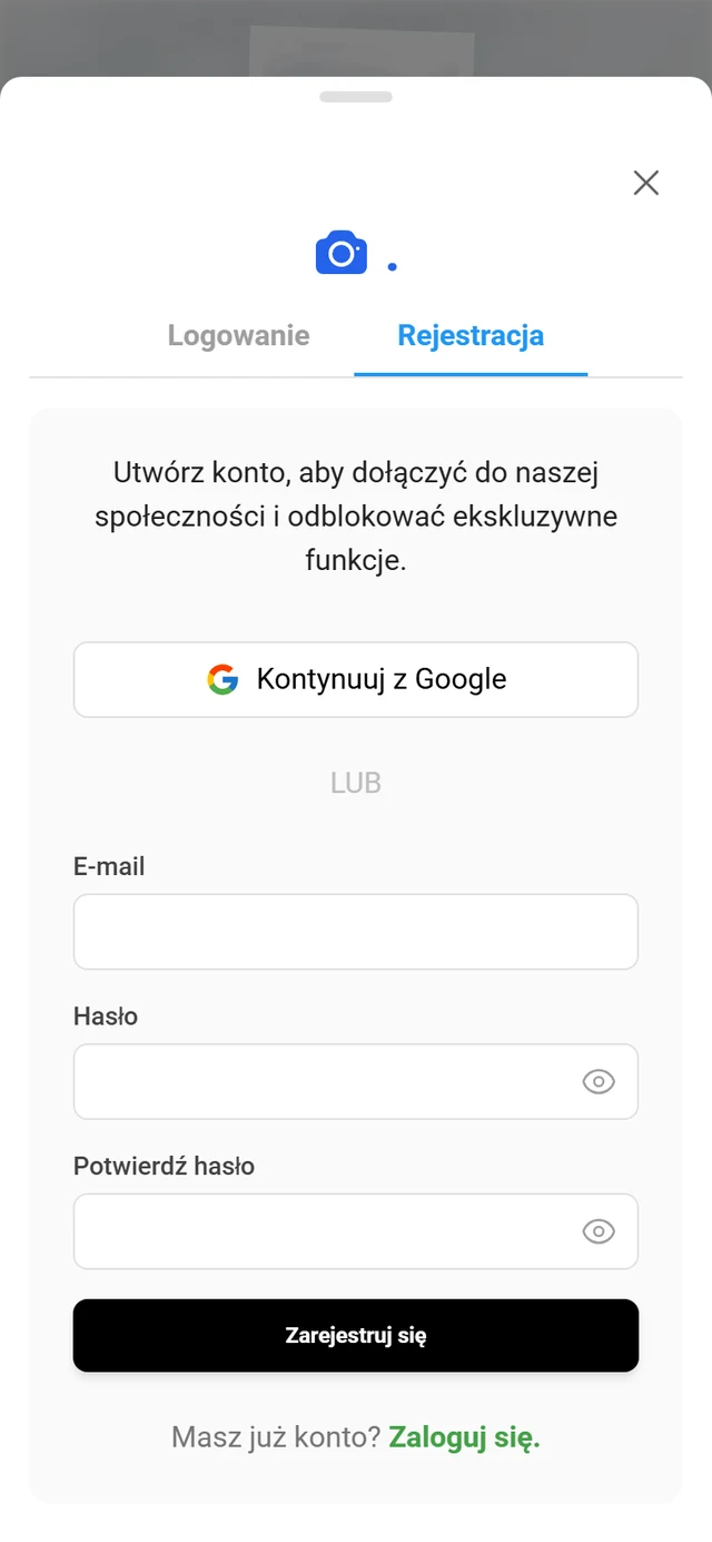 Widok rejestracji z polami e-mail, hasło i potwierdzenie hasła