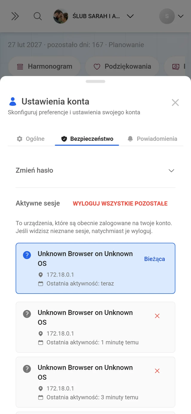 Karta Bezpieczeństwo w ustawieniach konta z listą aktywnych sesji