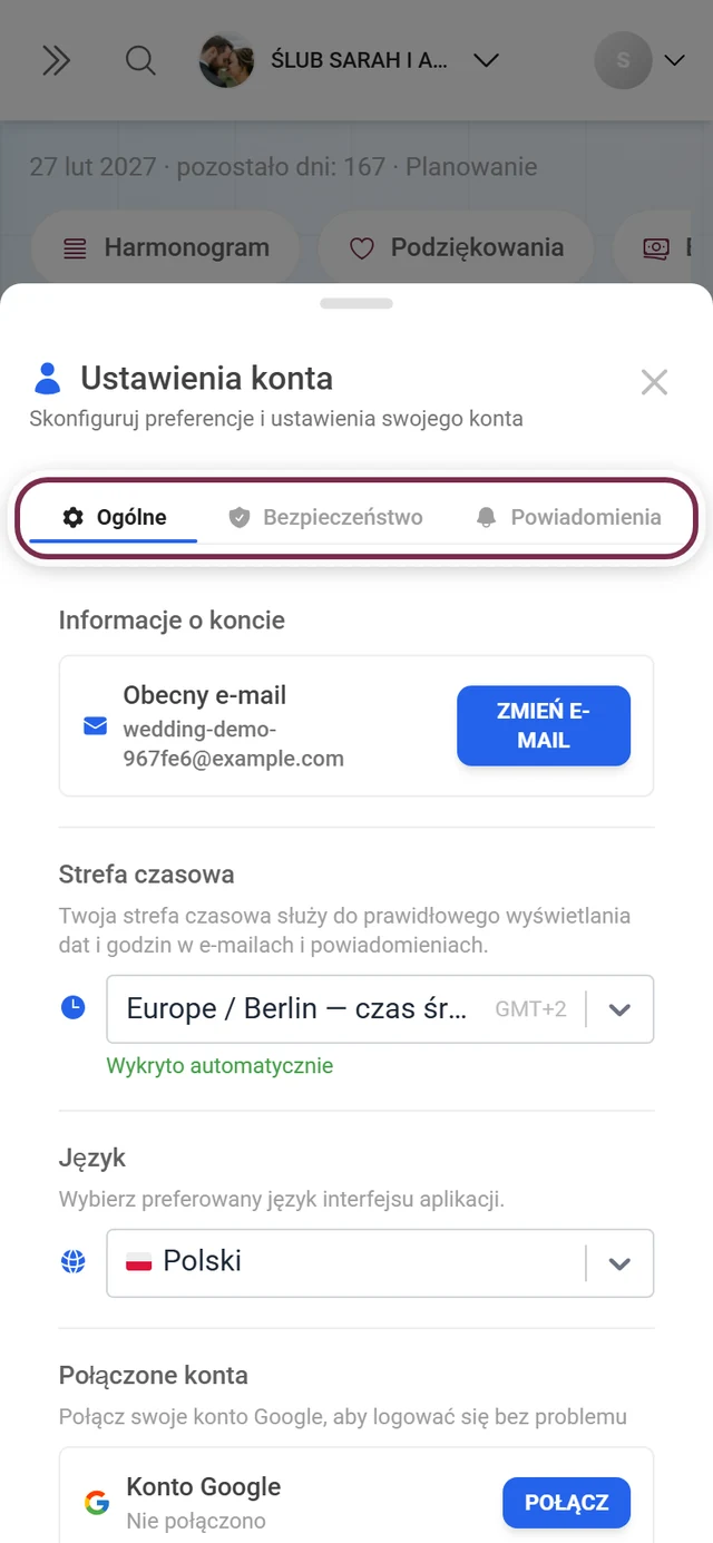 Okno Ustawienia konta z paskiem kart oznaczonym na czerwono
