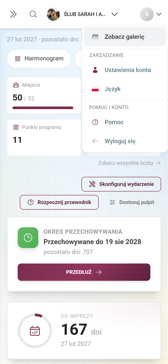 Otwarte menu konta w panelu administratora z sekcją Zarządzanie