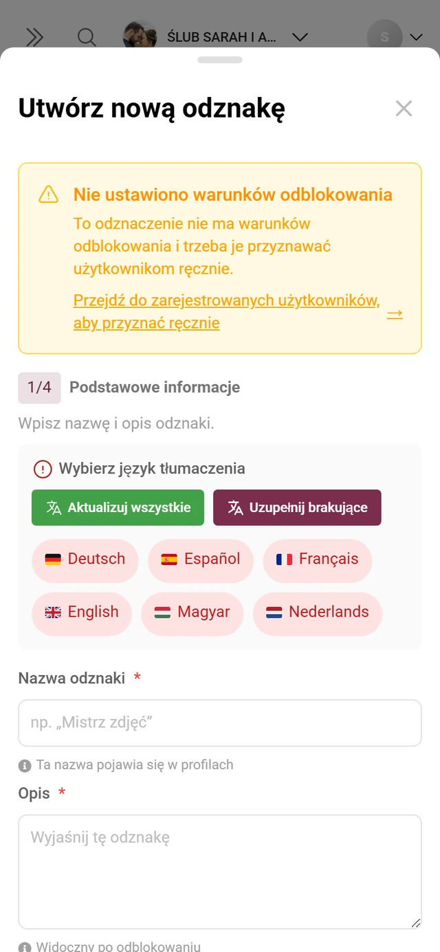 Okno tworzenia osiągnięcia z nazwą, warunkiem i nagrodą