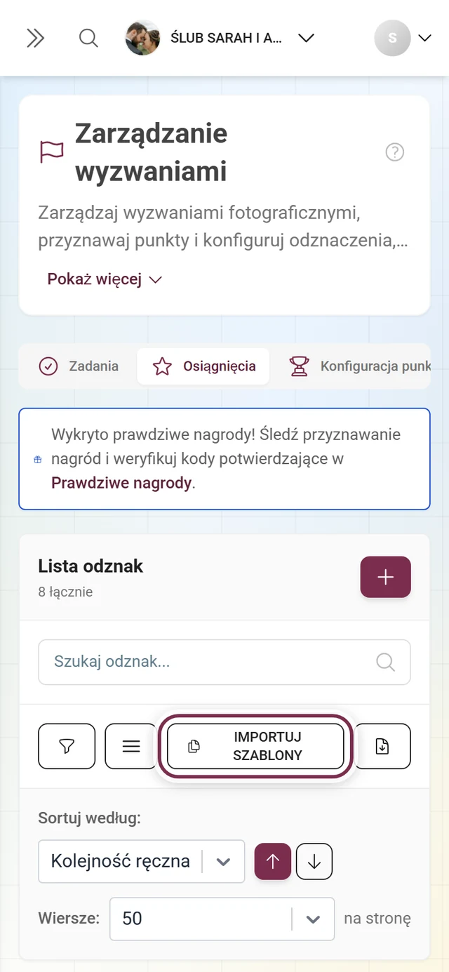 Pasek narzędzi zarządzania osiągnięciami z oznaczonym na czerwono przyciskiem Importuj szablony