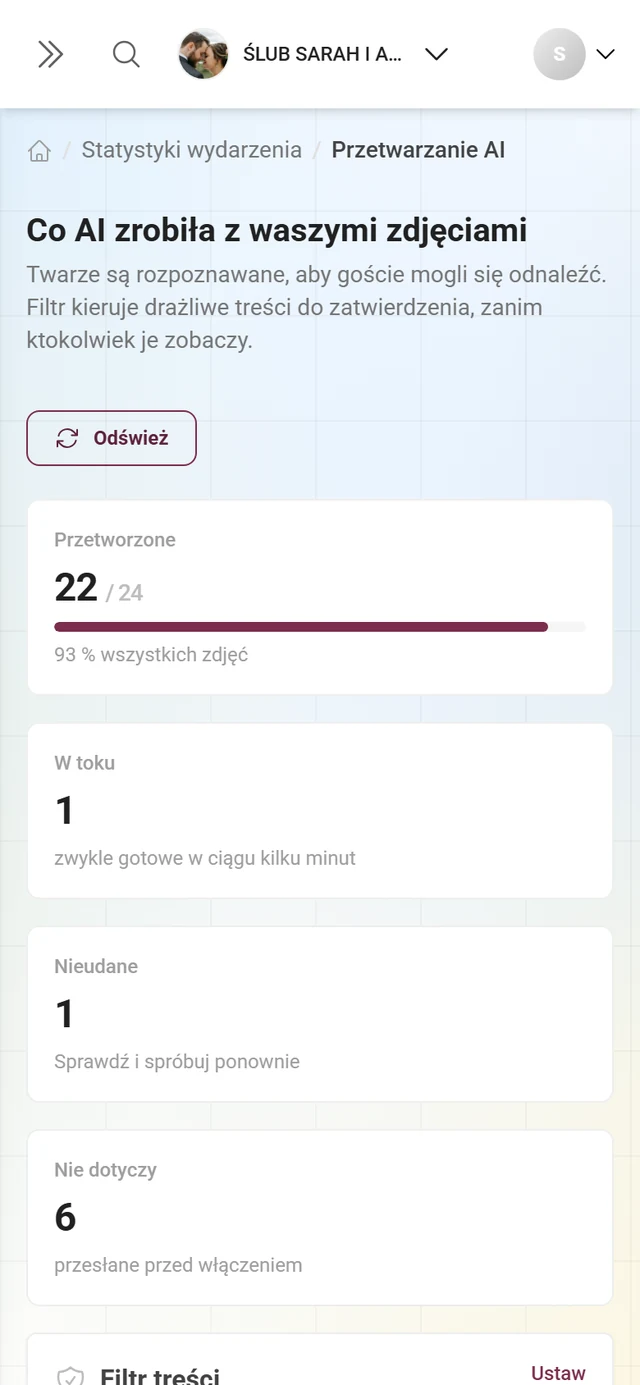 Strona „Co AI zrobiła z waszymi zdjęciami” z czterema kafelkami wskaźników i osobną kartą dla filtra treści i dla twarzy