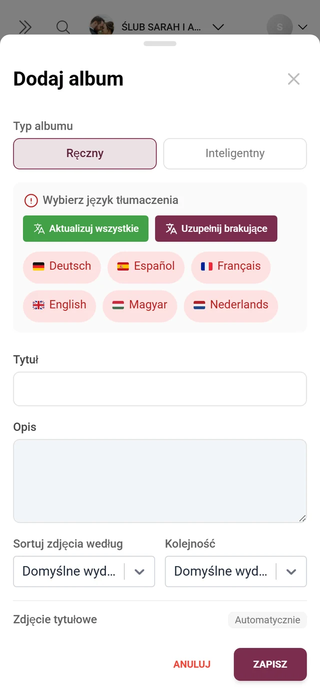 Okno tworzenia albumu z typem albumu, tytułem, opisem, sortowaniem zdjęć i zdjęciem tytułowym