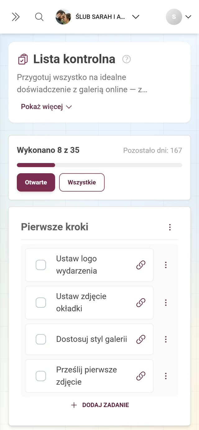 Lista kontrolna konfiguracji z nagłówkiem postępu, kategoriami i zadaniami