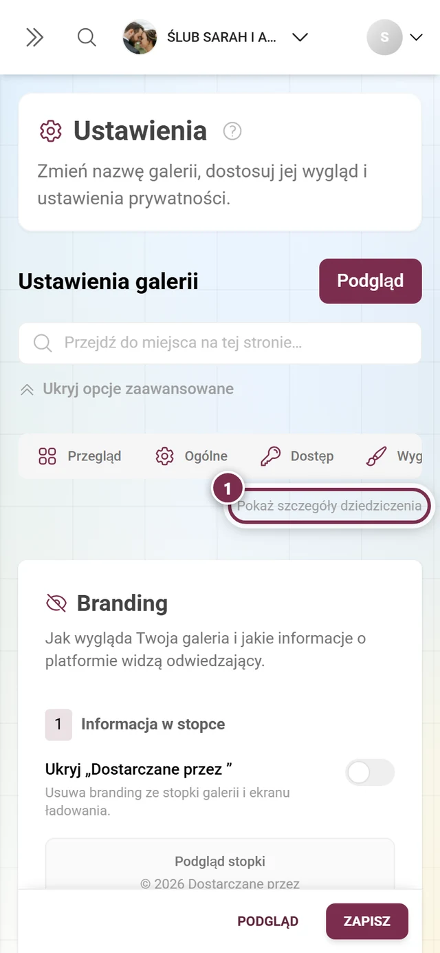 Karta White-label z wyróżnionym przełącznikiem szczegółów dziedziczenia