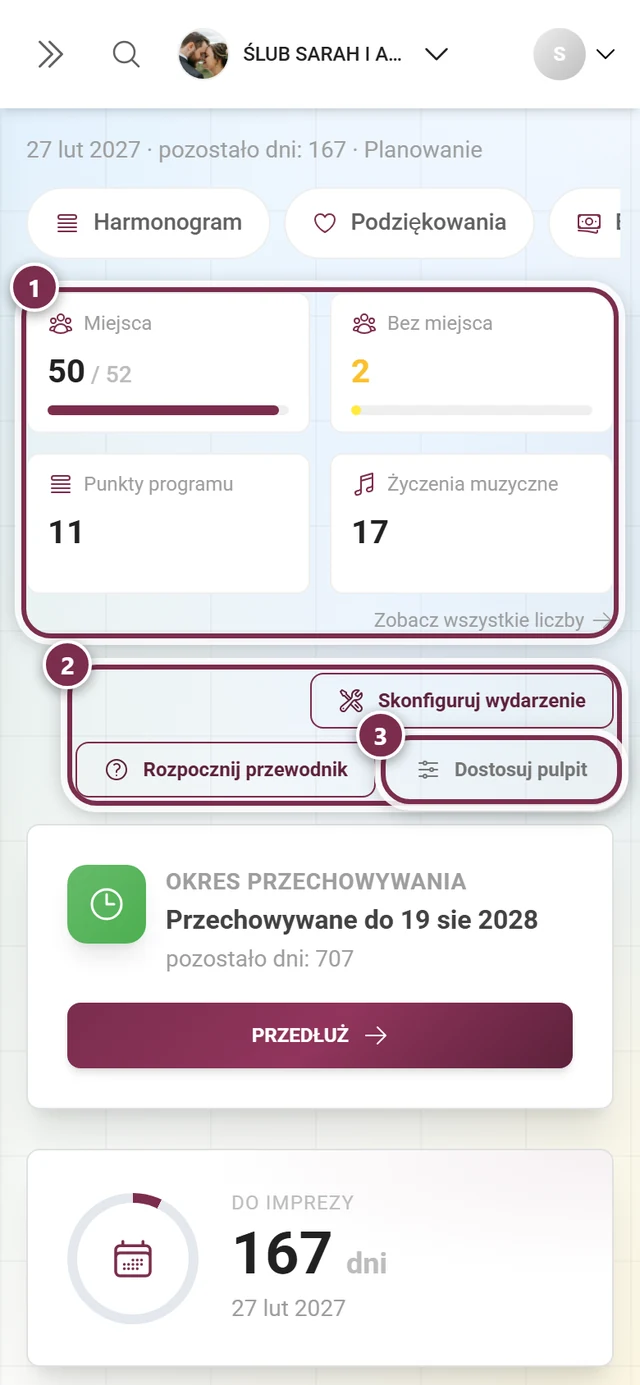 Pulpit administratora z przyciskami Skonfiguruj wydarzenie, Rozpocznij przewodnik i Dostosuj pulpit oraz kartą Następne kroki