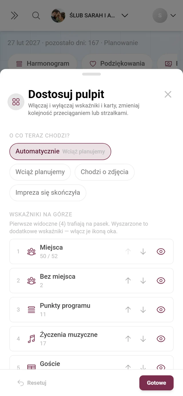 Okno Dostosuj pulpit z pigułkami faz, wskaźnikami i listą kart