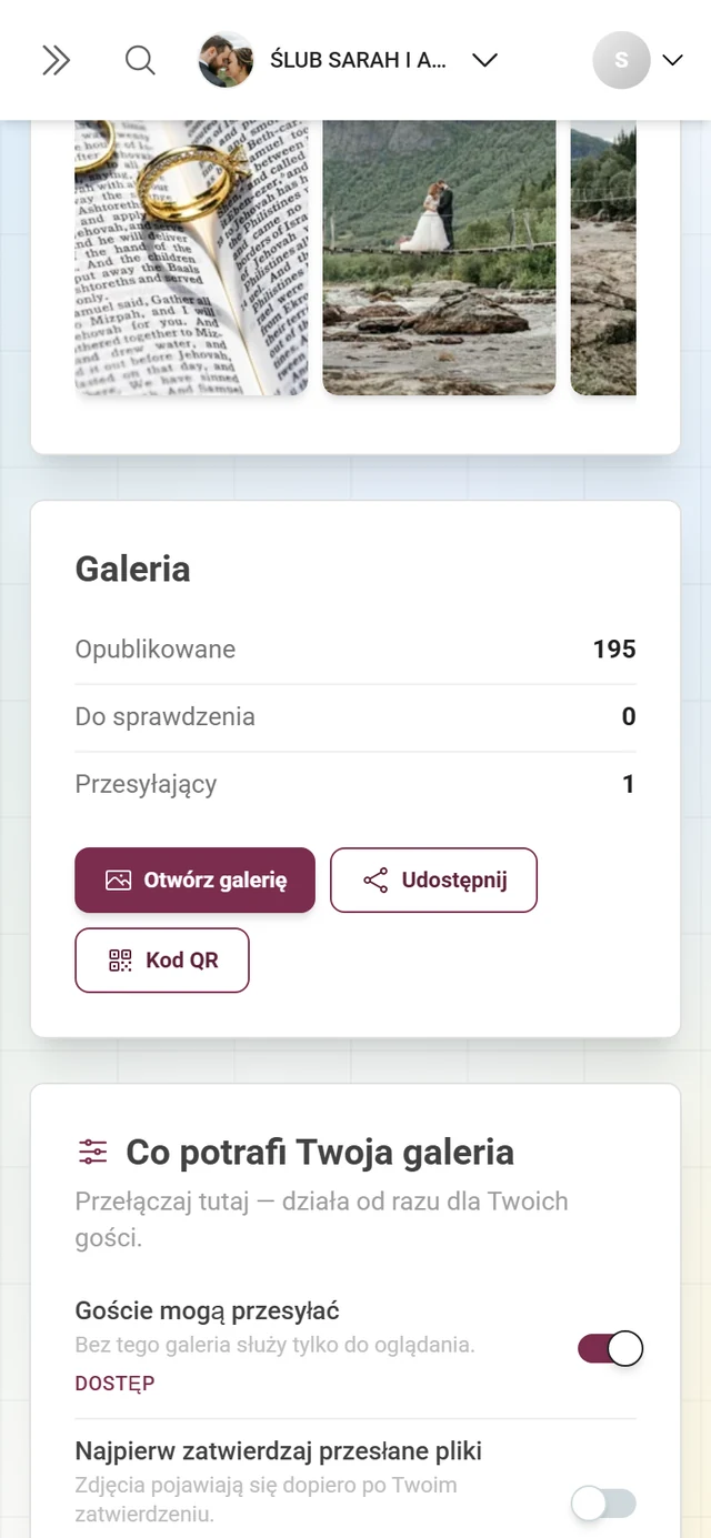 Karta „Galeria” z liczbami i przyciskami Otwórz galerię, Udostępnij, Kod QR