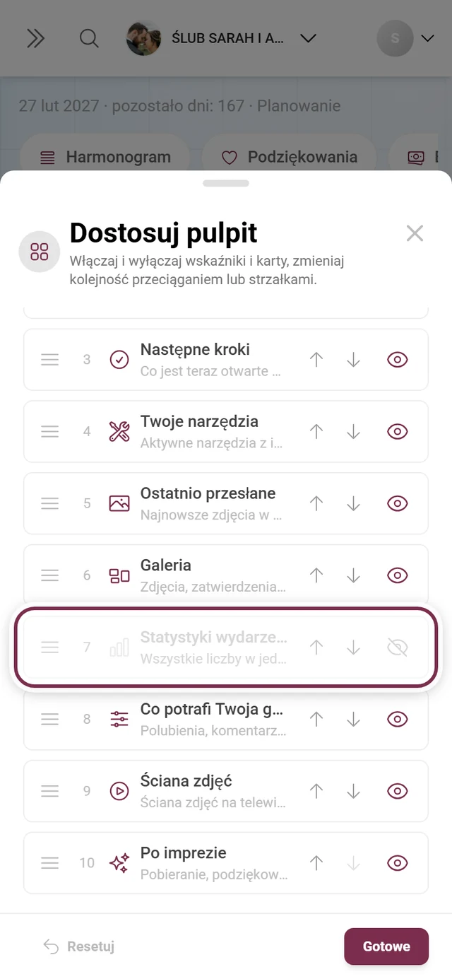 Okno Dostosuj pulpit z zaznaczoną kartą Statystyki wydarzenia