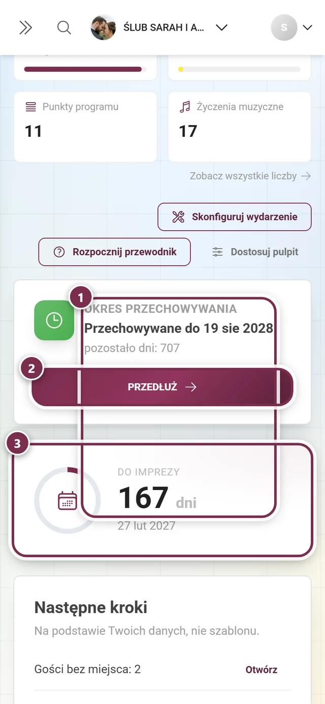 Karty Okres przechowywania i odliczanie w panelu