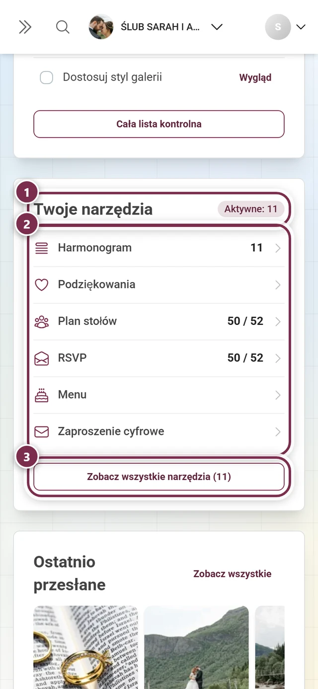 Karta pulpitu Twoje narzędzia z aktywnymi narzędziami i ich liczbami
