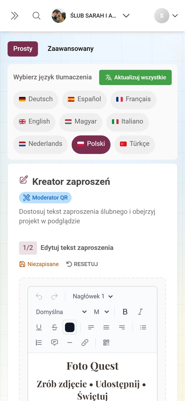 Szybki edytor szablonów z paskiem narzędzi do dodawania tekstu i projektowania zaproszenia