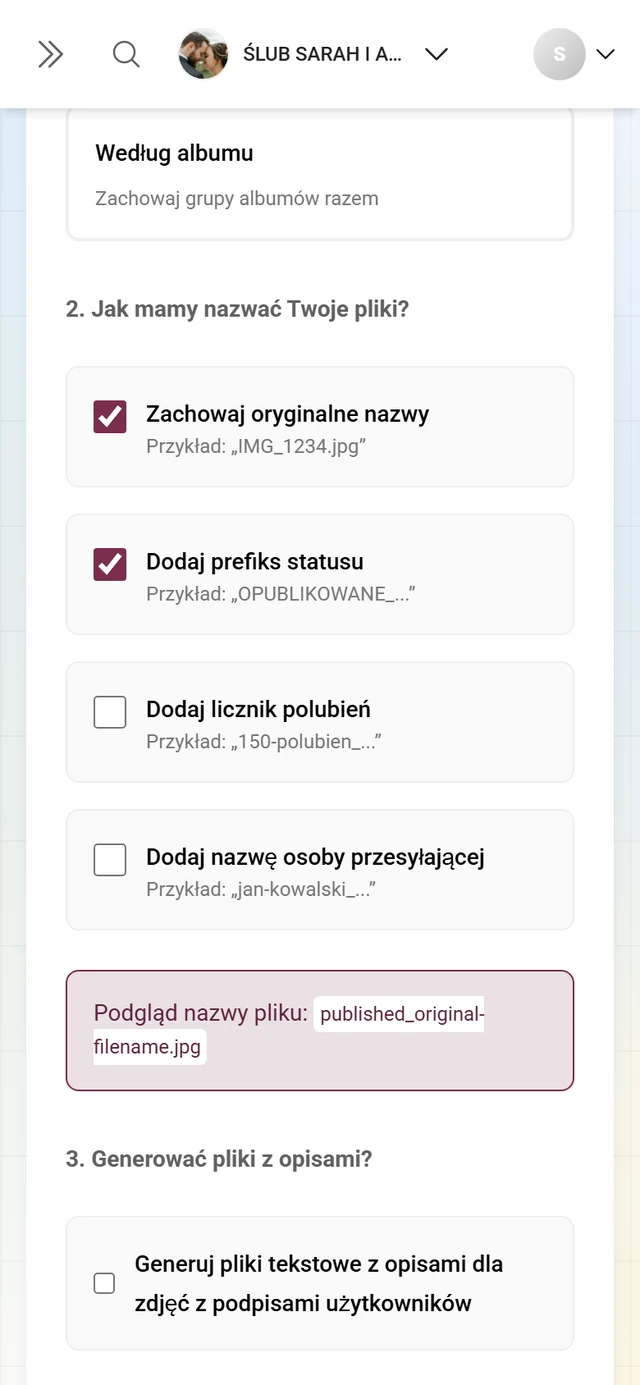 Krok 2 pobierania zaawansowanego z czterema polami wyboru nazw i podglądem