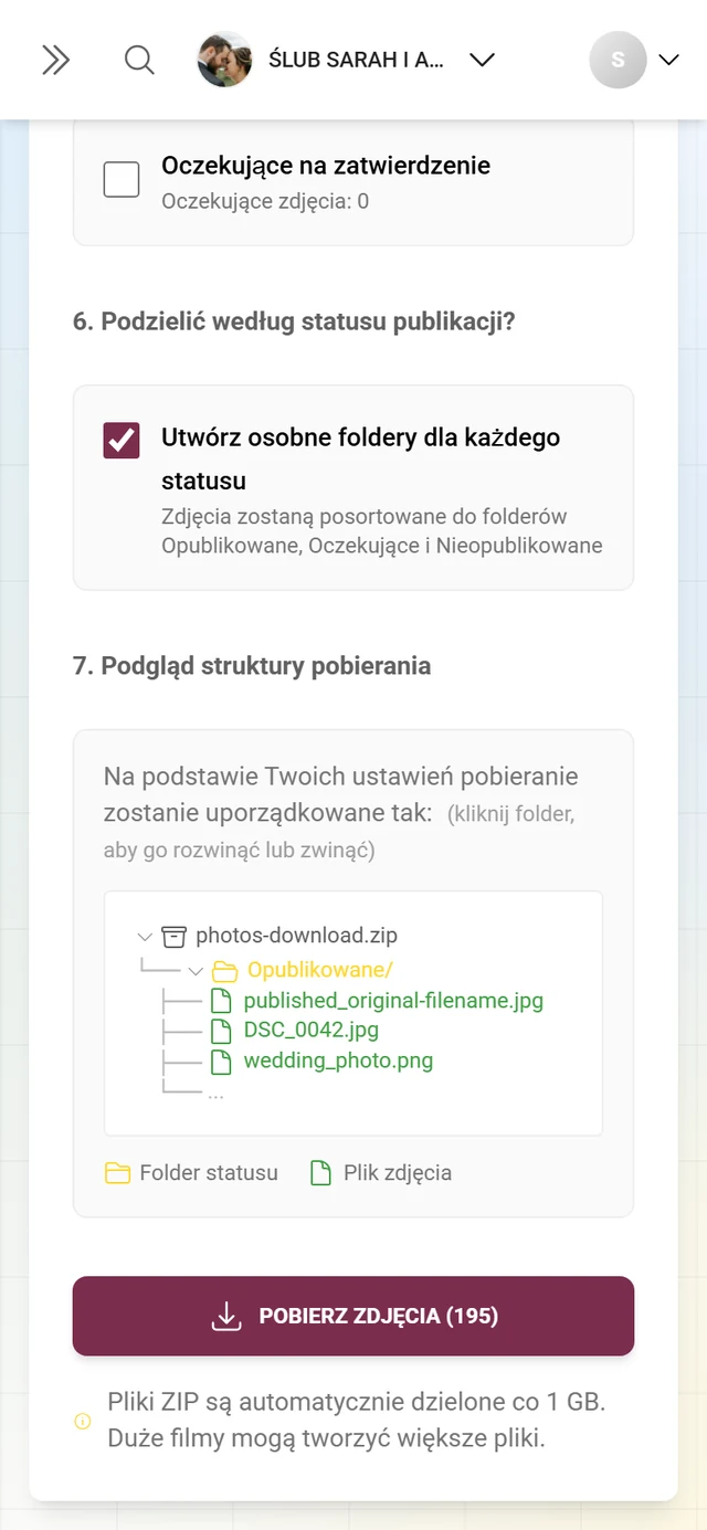 Krok 7 z drzewem folderów archiwum ZIP i przyciskiem pobierania
