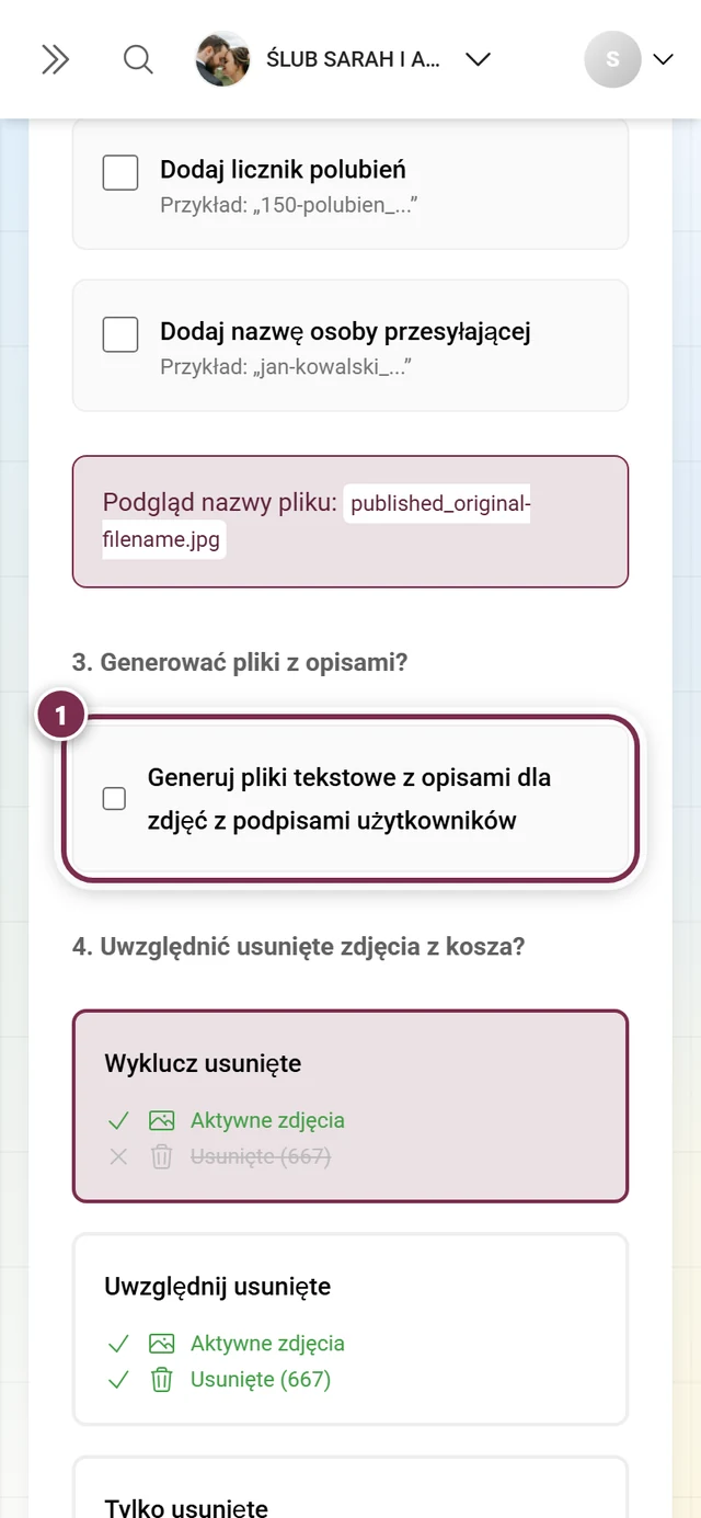Krok 3 z polem wyboru plików tekstowych z opisami, zaznaczone
