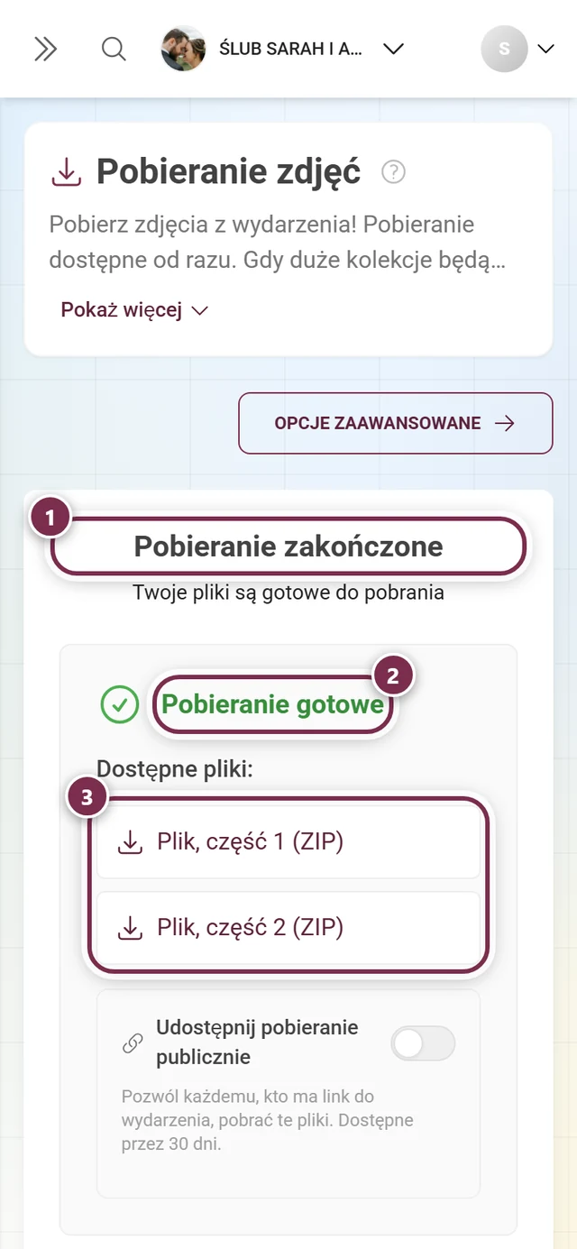 Ekran wyniku z nagłówkiem Pobieranie zakończone, zielonym dopiskiem Pobieranie gotowe i dwiema częściami ZIP, wszystkie zaznaczone