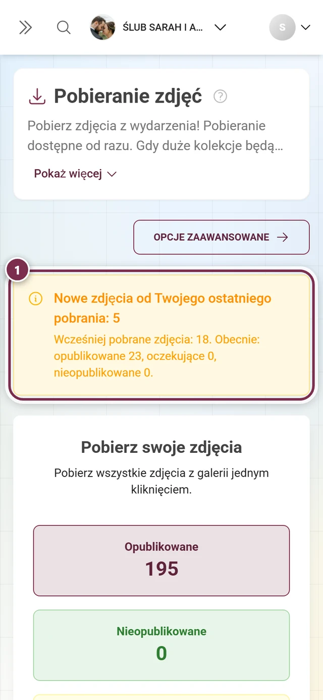 Żółty baner z informacją o nowych zdjęciach od ostatniego pobrania, zaznaczony