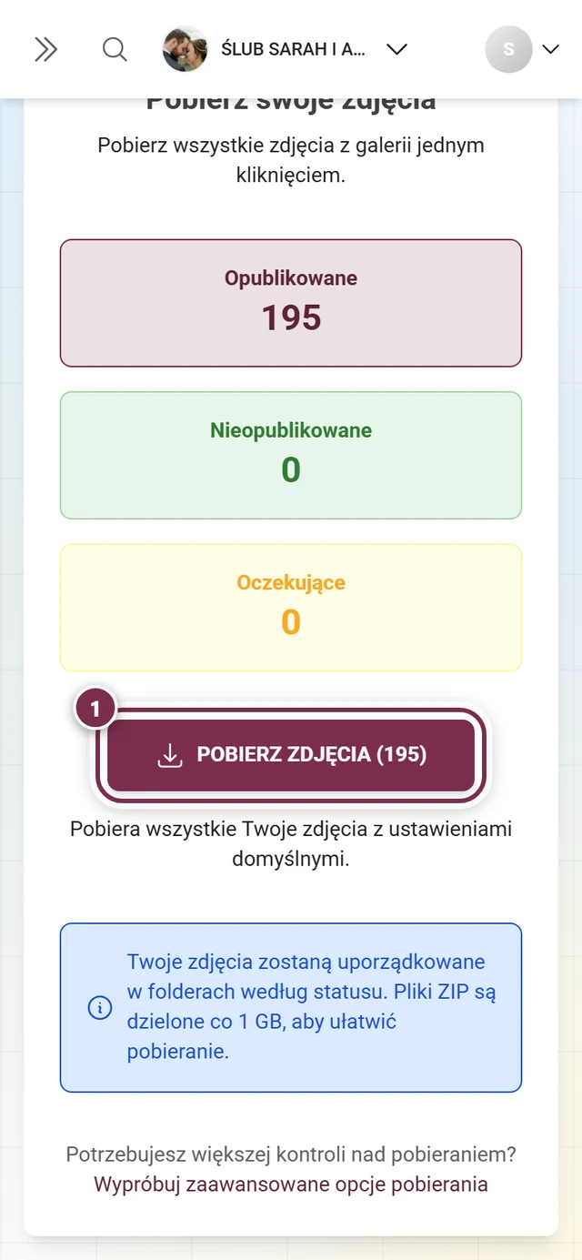 Przycisk pobierania z liczbą zdjęć, zaznaczony