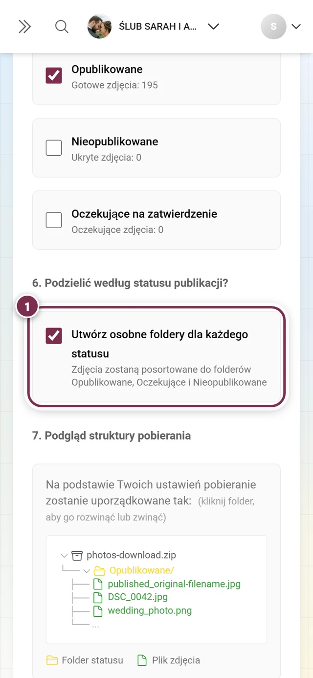 Krok 6 z polem wyboru podziału według statusu i podglądem struktury folderów, zaznaczone