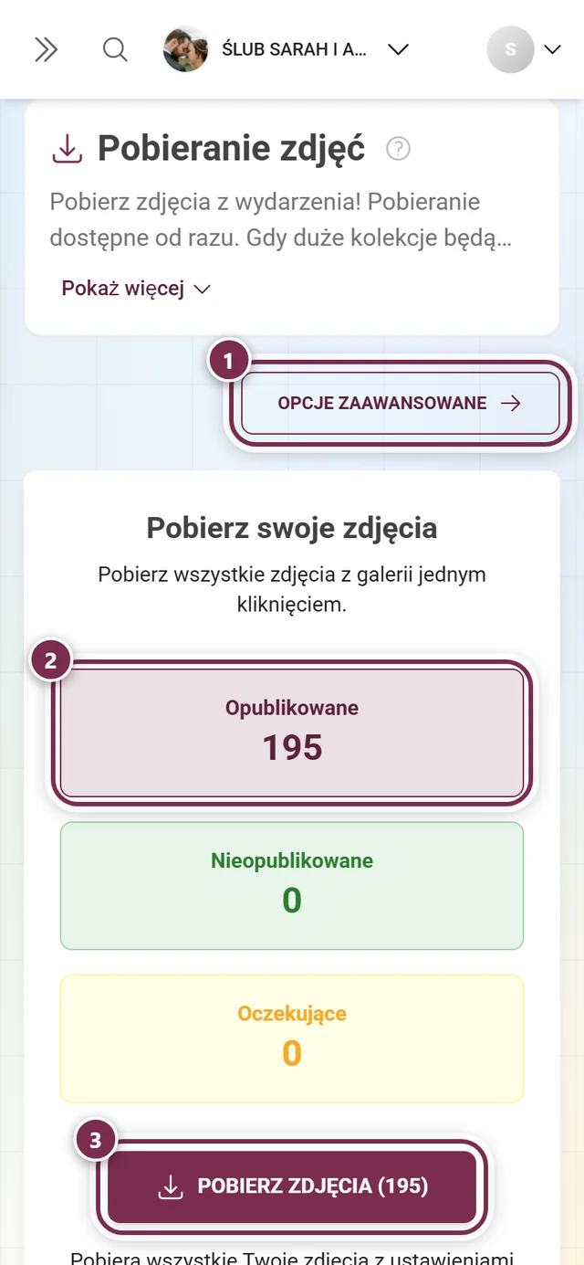 Strona pobierania w panelu administratora, zaznaczone są przycisk Opcje zaawansowane, kafelek Opublikowane i przycisk pobierania