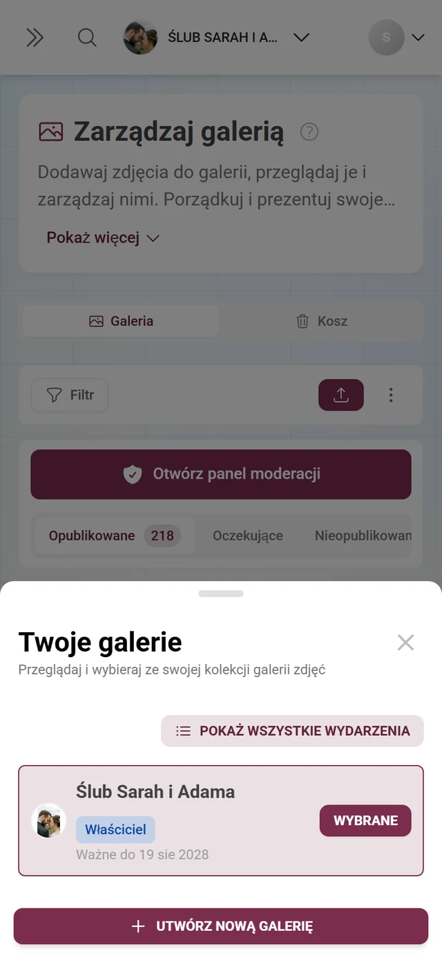 Okno Twoje galerie z jedną galerią, odznaką roli Właściciel i przyciskiem Utwórz nową galerię