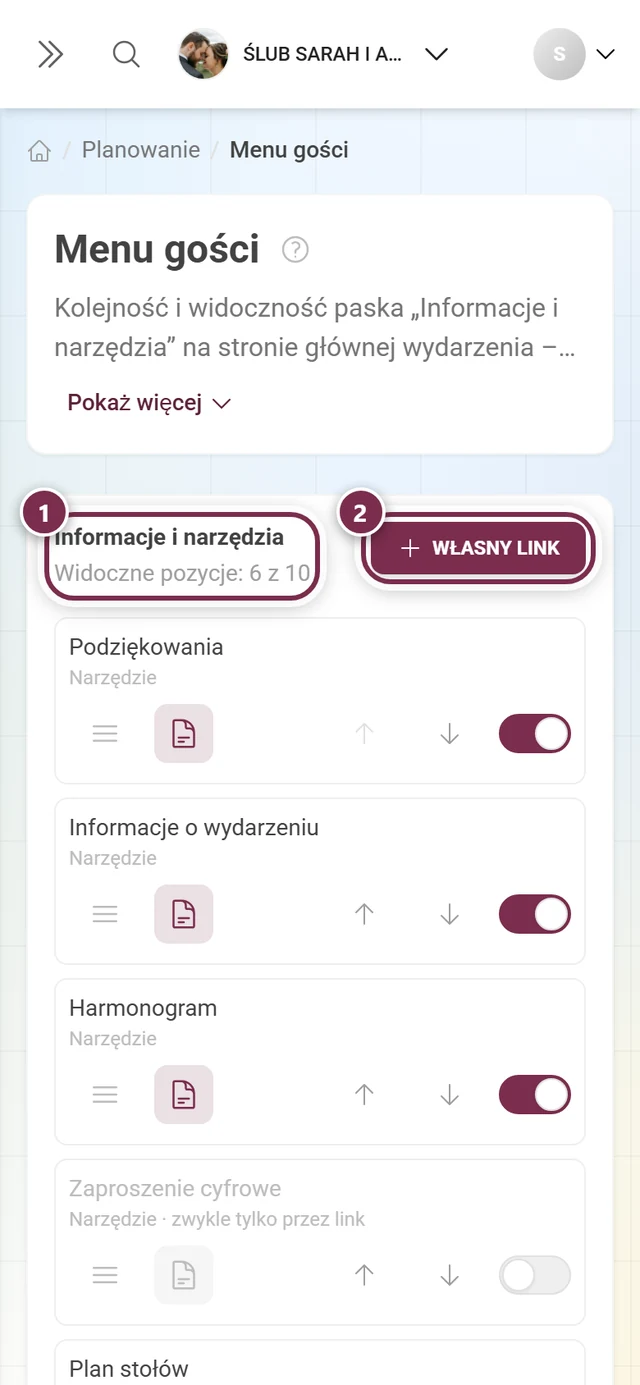 Edytor menu dla gości z nagłówkiem, licznikiem, przyciskiem Własny link i listą z możliwością sortowania