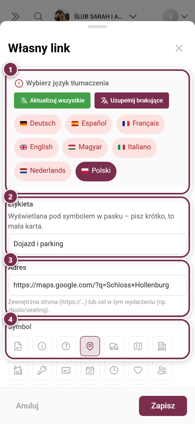 Okno Własny link z językiem tłumaczenia, etykietą, adresem i wyborem ikony