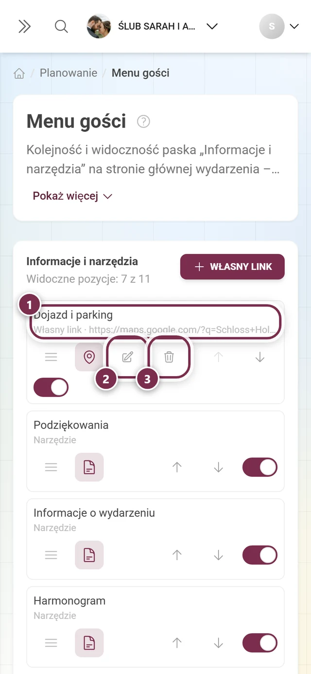 Wiersz własnego linku z adresem, ołówkiem i koszem
