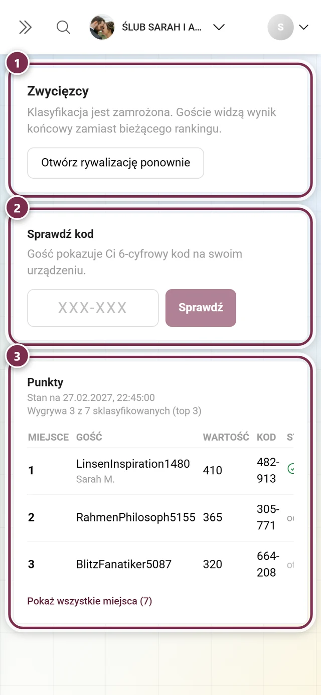 Strona zwycięzców z blokiem Zwycięzcy, polem Sprawdź kod i tabelą rankingu Punkty
