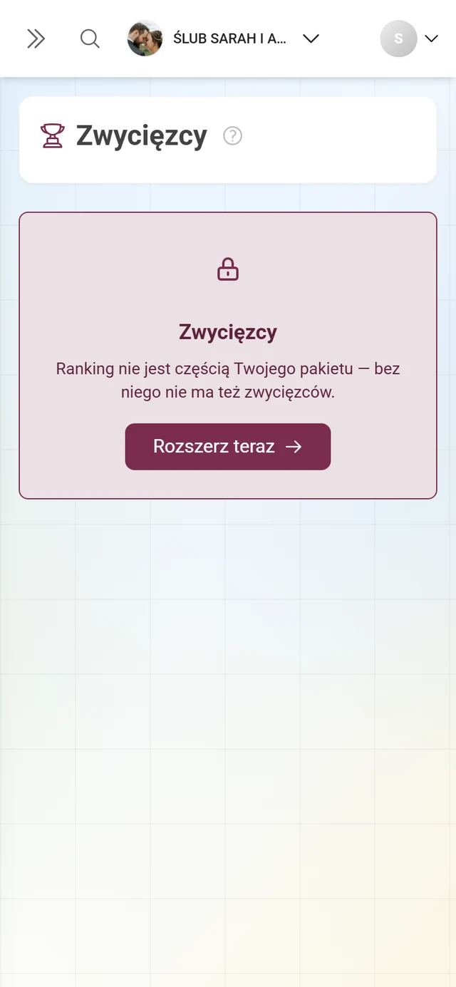 Zablokowana strona zwycięzców z ikoną kłódki i przyciskiem Ulepsz teraz