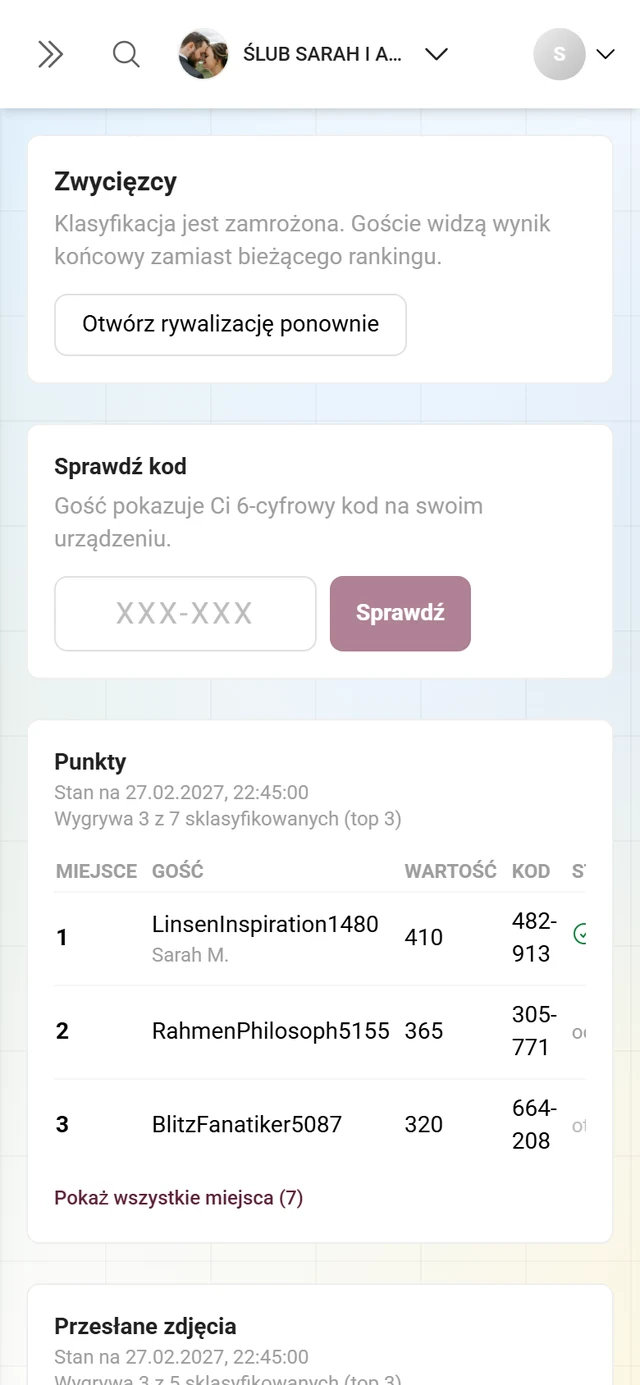 Dwie tabele jedna pod drugą, Punkty i Przesłane zdjęcia, każda z własnymi zwycięzcami