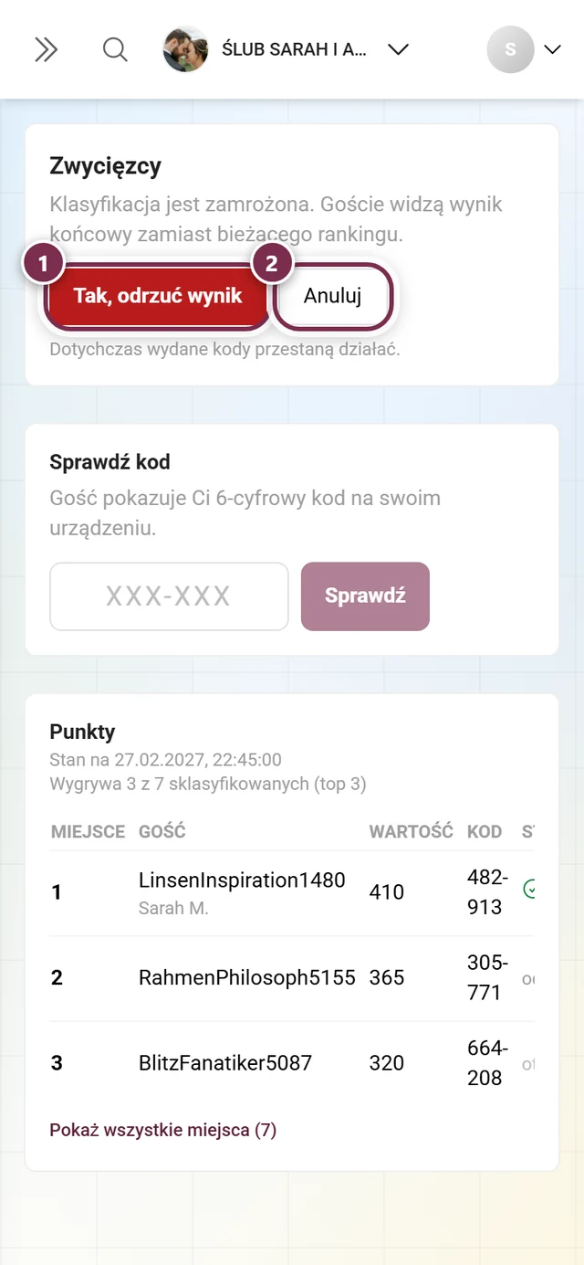 Pytanie przed ponownym otwarciem z przyciskami Tak, odrzuć wynik i Anuluj
