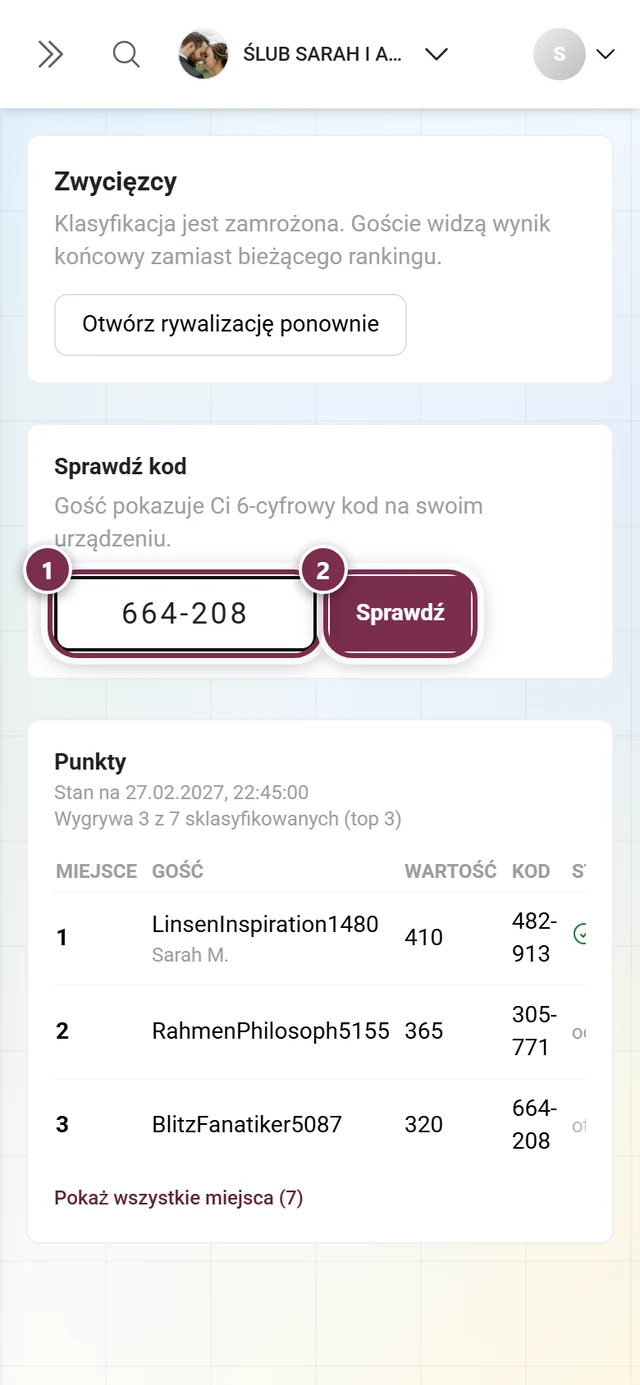 Pole Sprawdź kod z wpisanym kodem i przyciskiem Sprawdź