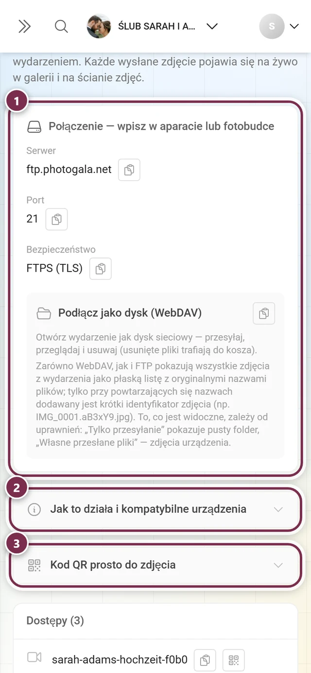 Strona przesyłania na żywo z zaznaczoną kartą połączenia i dwiema rozwijanymi sekcjami