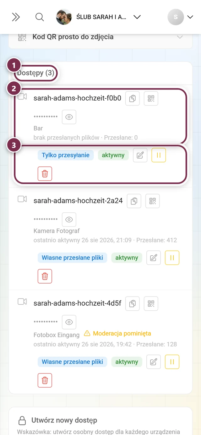 Lista utworzonych dostępów z zaznaczonym nagłówkiem i jednym zaznaczonym wierszem