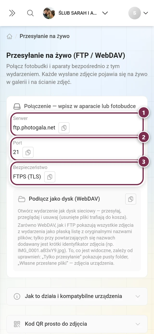 Karta połączenia z zaznaczonymi polami Serwer, Port i Bezpieczeństwo