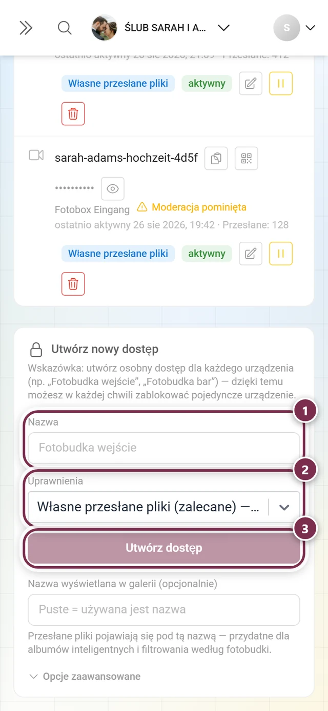 Formularz Utwórz nowy dostęp z zaznaczonym polem Nazwa, zaznaczonym wyborem Uprawnienia i zaznaczonym przyciskiem Utwórz dostęp