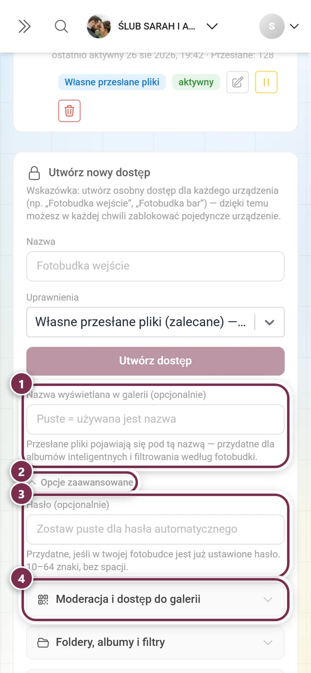 Formularz nowego dostępu z zaznaczoną nazwą wyświetlaną, rozwijaną sekcją Opcje zaawansowane, polem hasła i pierwszą grupą opcji