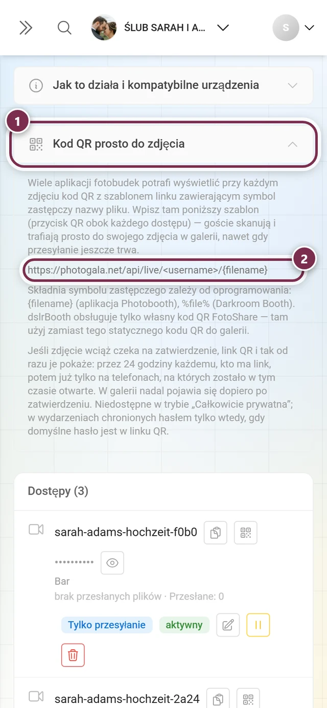 Rozwinięta sekcja Kod QR prosto do zdjęcia z zaznaczonym szablonem linku