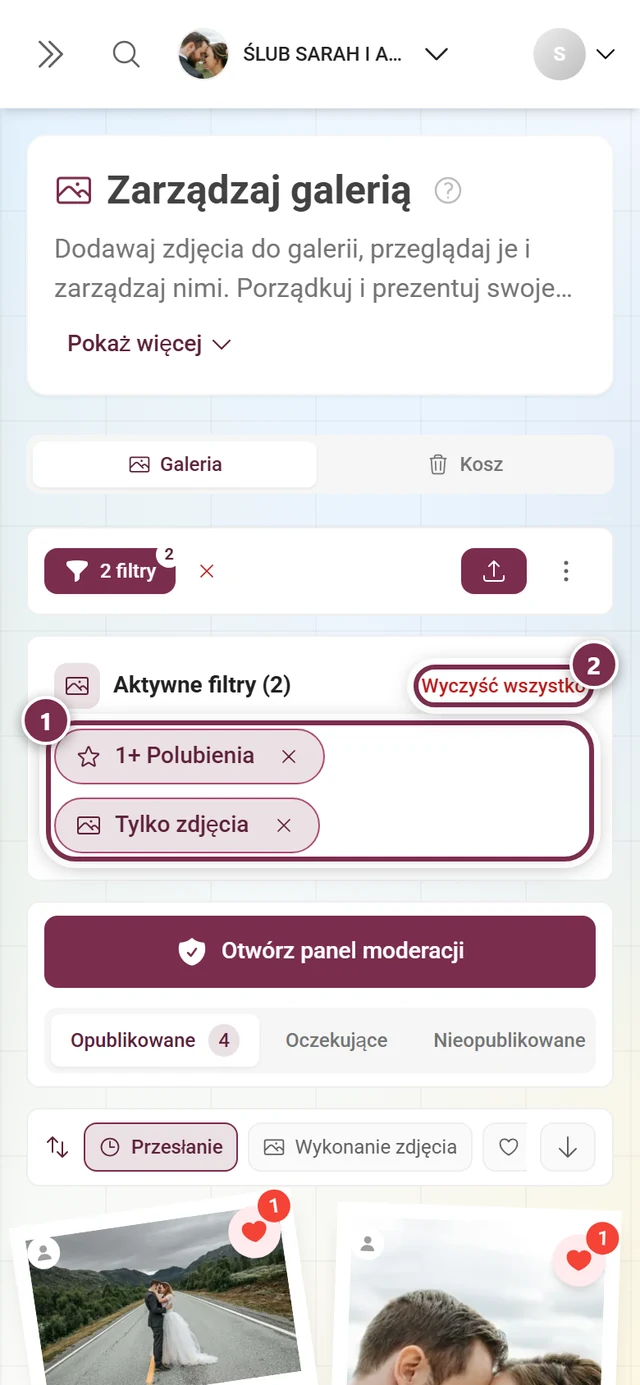 Pasek Aktywne filtry z dwiema etykietami i przyciskiem Wyczyść wszystko