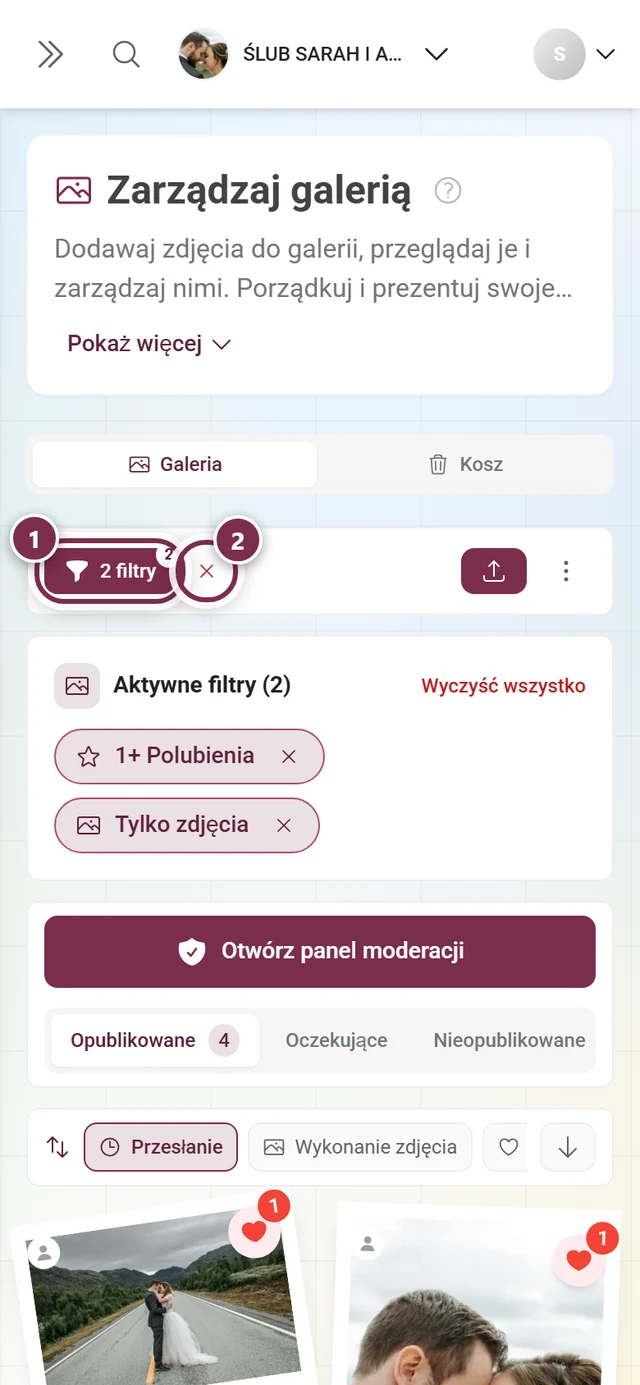 Pasek akcji z kolorowym przyciskiem Filtr z liczbą i czerwonym X obok