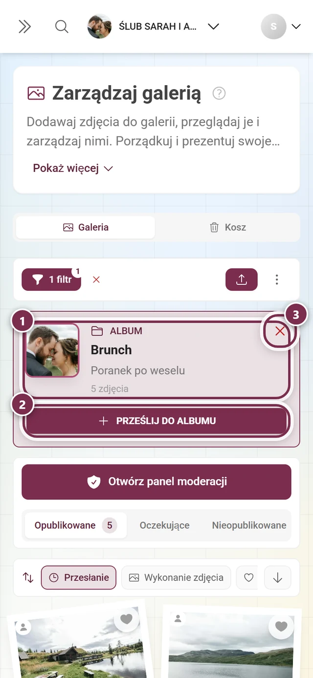 Karta albumu nad galerią z okładką, tytułem, podtytułem, liczbą zdjęć, przyciskiem Prześlij do albumu i X