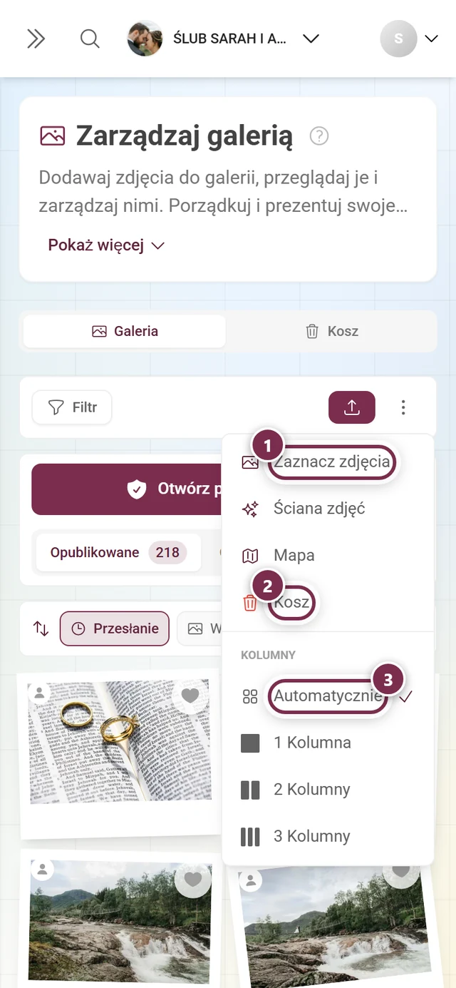 Otwarte menu z trzema kropkami na telefonie z pozycjami Zaznacz zdjęcia, Ściana zdjęć, Mapa, Kosz i wyborem rozmiaru