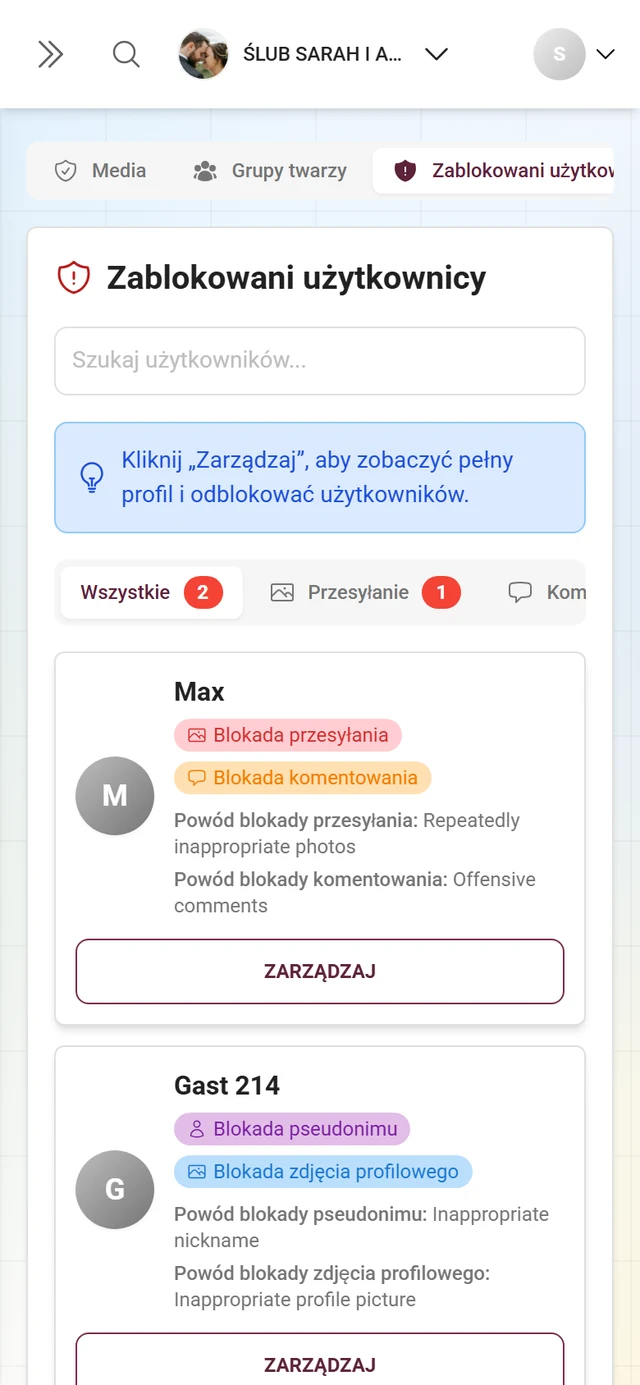 Karta Zablokowani użytkownicy z podkartami i zablokowanymi osobami wraz z plakietkami blokad
